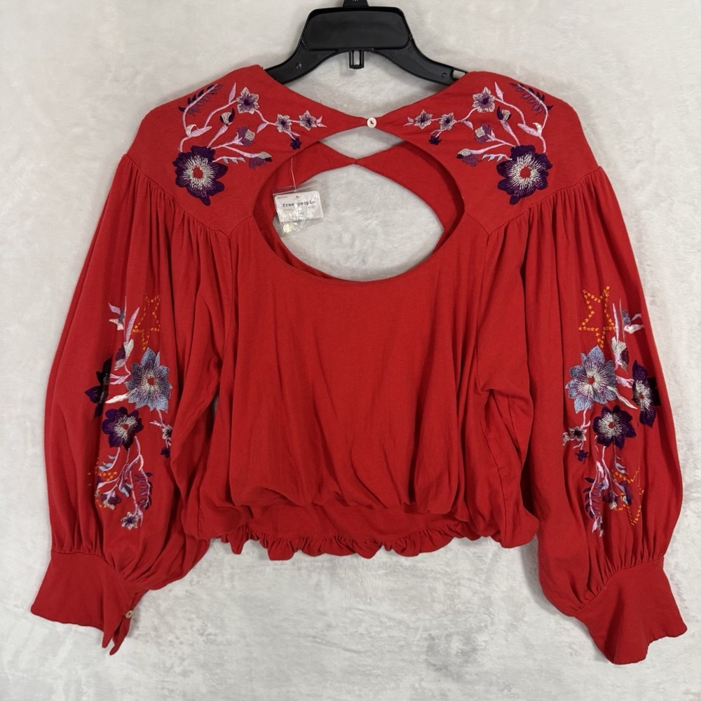 Free People Floral Embroidered Knit Top Sz S Oversized Linen Blend Western‎ Boho